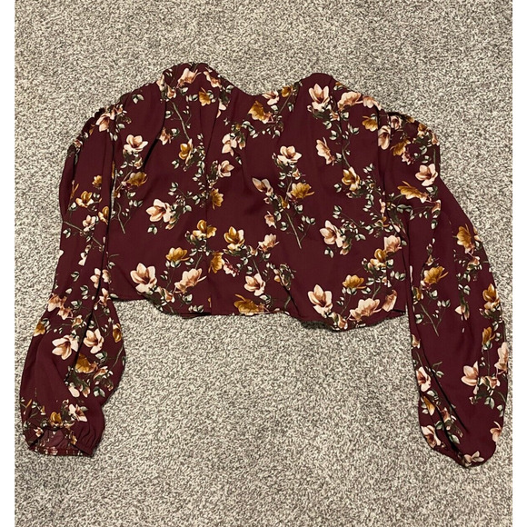 Vintage Womens Top Medium Maroon Floral Boned Off the Shoulder Cropped Romantic - Picture 1 of 7